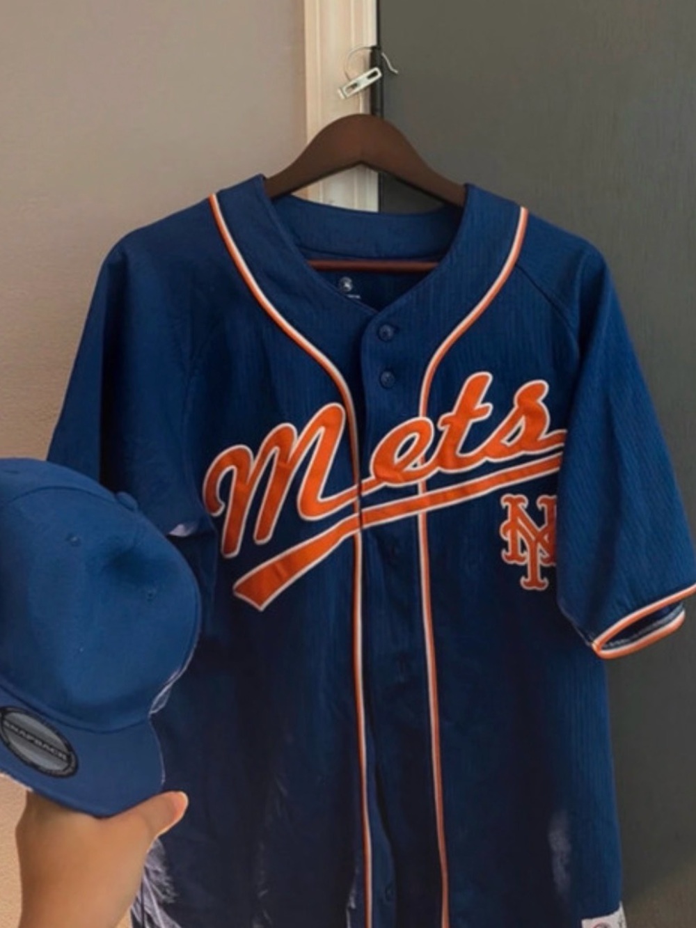 Men's Navy Blue Mets Baseball Jersey with Orange Trim